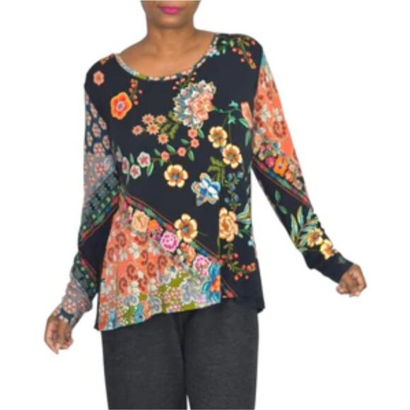 Johnny Was Tops - Johnny Was Black Ardell Favorite Top Floral Patchwork Long Sleeve Tee Size Small